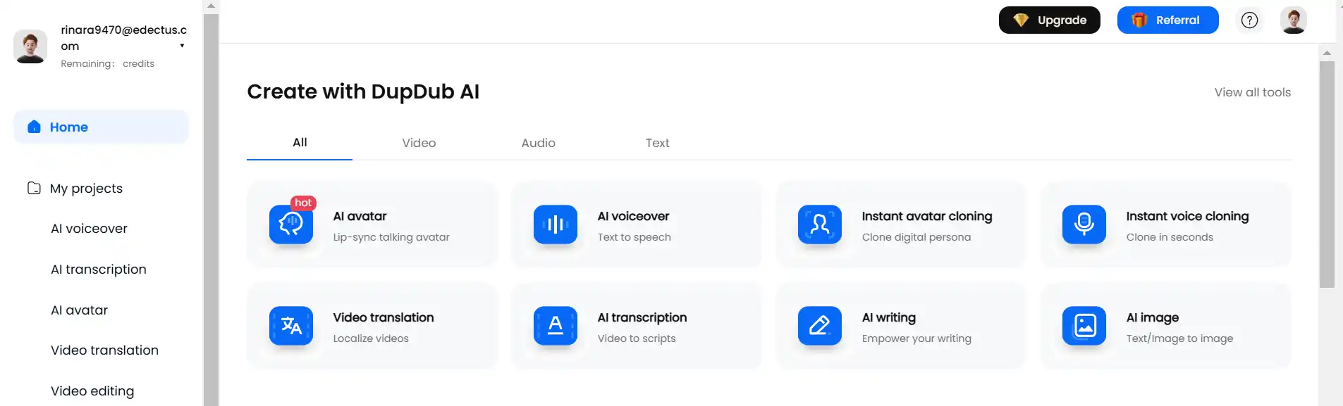 "AI Avtar"  section in dupdub
