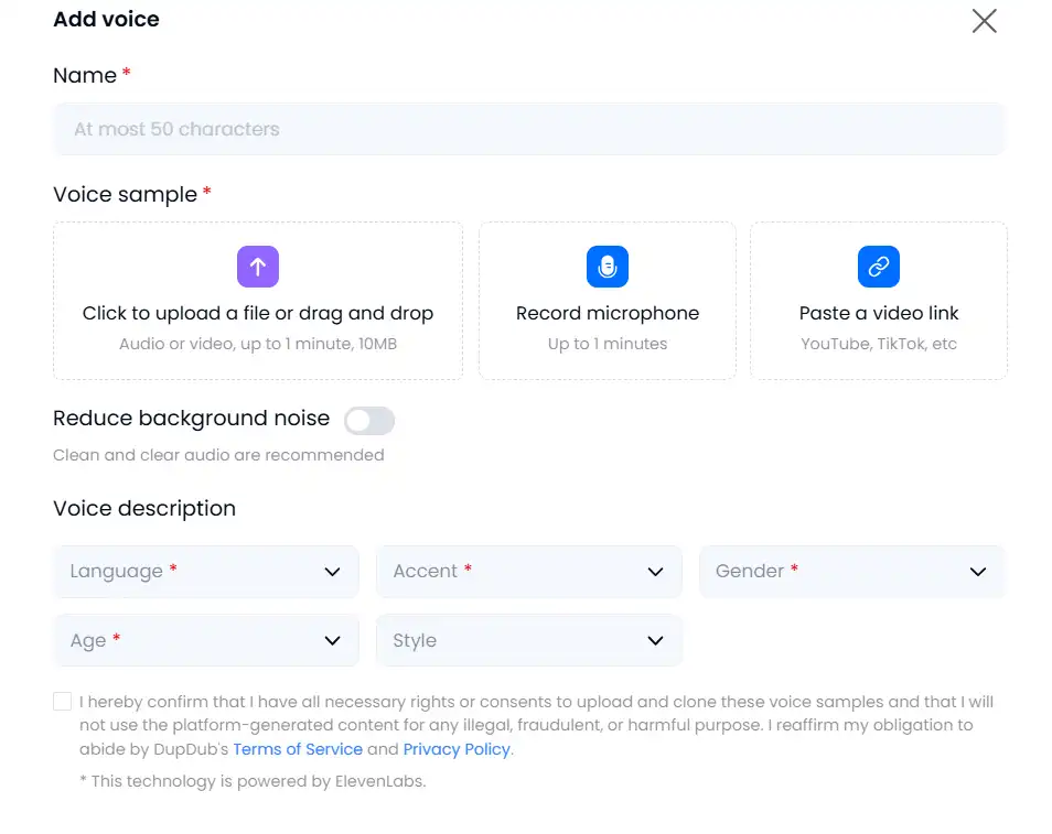 how to uplaod custom voice sample in ai dupdub